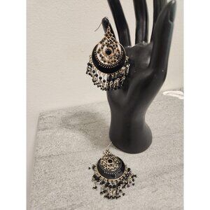Round Mandala Dangle Earrings Black Gold Intricate Earrings
